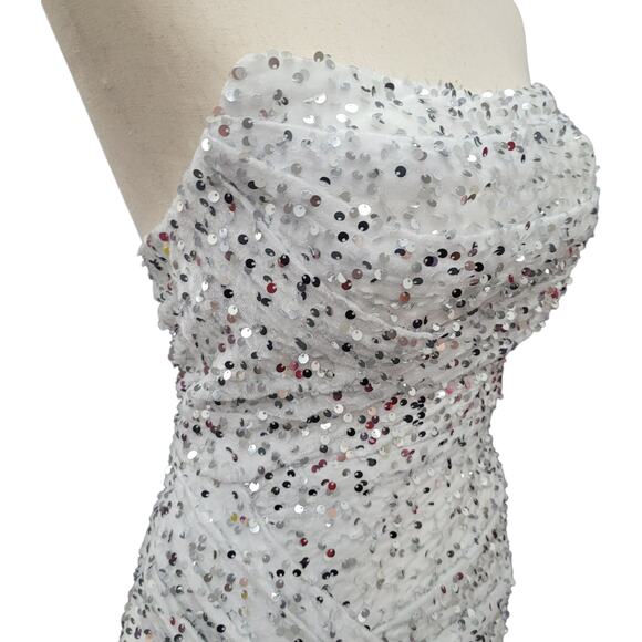 NWT White Silver Strapless Sequin Evening Gown with Corset Back on Velvet Fabric - Picture 9 of 14